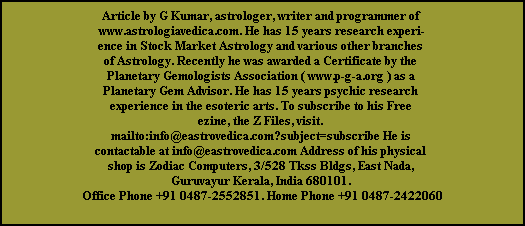 Article by G Kumar, astrologer, writer and programmer of 
www.astrologiavedica.com. He has 15 years research experi-
ence in Stock Market Astrology and various other branches 
of Astrology. Recently he was awarded a Certificate by the 
Planetary Gemologists Association ( www.p-g-a.org ) as a 
Planetary Gem Advisor. He has 15 years psychic research 
experience in the esoteric arts. To subscribe to his Free 
ezine, the Z Files, visit. 
mailto:info@eastrovedica.com?subject=subscribe He is 
contactable at info@eastrovedica.com Address of his physical 
shop is Zodiac Computers, 3/528 Tkss Bldgs, East Nada, 
Guruvayur Kerala, India 680101. 
Office Phone +91 0487-2552851. Home Phone +91 0487-2422060